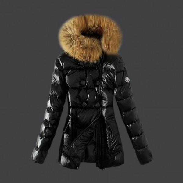 Moncler Donna lungo Giù cappotto di pelliccia collare nero Presa M1084